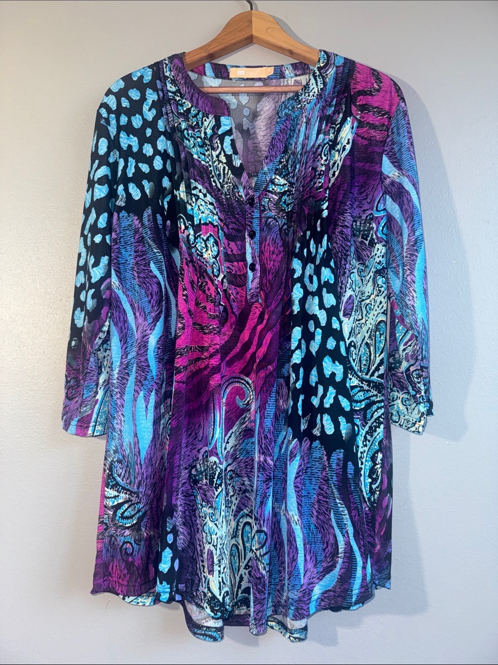 La Cera-Blue, Purple & Pink Patterned Women's Tunic Top